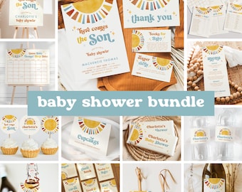 Here Comes the Son Baby Shower Invitation Bundle | Boho Retro Sun Boy Baby Shower Decor | Little Ray of Sunshine | Instant Download
