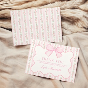 Tarjetas de agradecimiento con lazo vintage de flores rosas / Plantilla elegante de tarjeta de agradecimiento con lazo de coqueta y rosas / Descarga instantánea