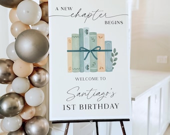 Storybook Birthday Welcome Sign | A New Chapter | Any Age Editable Blue Green Book Party Decor | Instant Download