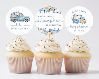 Kürbis-Babyparty-Cupcake-Topper, süßer kleiner Kürbis Blue Boy-Babyparty-Dekor, bearbeitbare Canva-Vorlage 203
