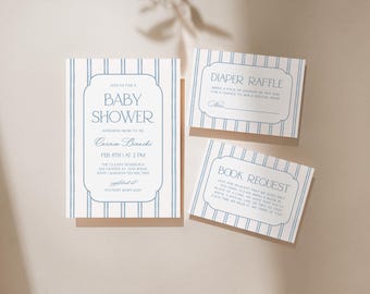 Invitación de baby shower con rayas azules, elegante y minimalista, plantilla editable de Canva.