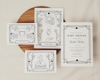 May include: Three black and white printable cards with a celestial theme for a baby shower. The cards feature a diaper raffle, a book request, and a baby shower invitation with the text "Please join us for a baby shower celebrating Skylar Bailey".