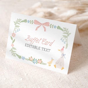 Cartões de Buffet de Rótulo de Comida One Silly Goose | Decoração de Festa de 1º Aniversário Floral Pink Bow Goose | Cartões de Tenda e Cartões Planos | Download Instantâneo