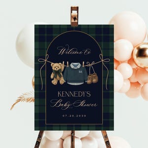 Polo Baby Shower Welcome Sign, Preppy Teddy Bear Baby Shower, Tartan Plaid Equestrian Poster, Gender Neutral Editable Canva Template