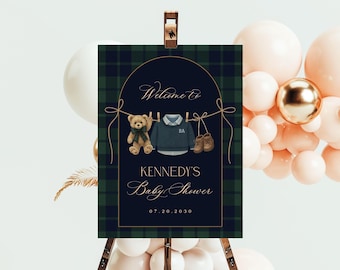 Polo Baby Shower Welcome Sign, Preppy Teddy Bear Baby Shower, Tartan Plaid Equestrian Poster, Gender Neutral Editable Canva Template