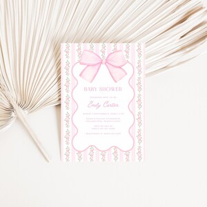 Pink Bow Baby Shower Invitation Bundle, Floral Grandmillennial Baby Shower Set, Coquette Bow Invite, Editable Canva Template image 6