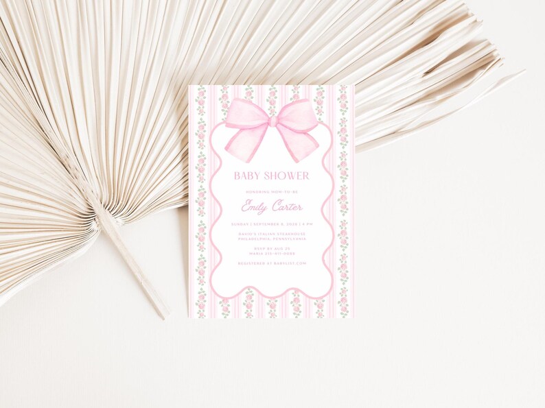 Pink Bow Baby Shower Invitation Bundle, Floral Grandmillennial Baby Shower Set, Coquette Bow Invite, Editable Canva Template image 6