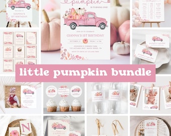 Little Pumpkin Birthday Invitation Bundle | Pink Pumpkin Truck Autumn Girl Birthday Invitation | Fall Party Decor | Instant Download