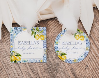 Amalfi Coast Lemon Baby Shower Favor Tags | Italian Mediterranean Citrus Thank You Tags | Blue Tiles | Italy Theme | Instant Download