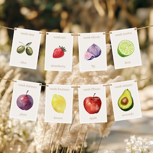 Schede sulle tappe della gravidanza / Frutta e verdura / Segui la crescita del bambino / Decorazioni per baby shower a km 0 / Download immediato