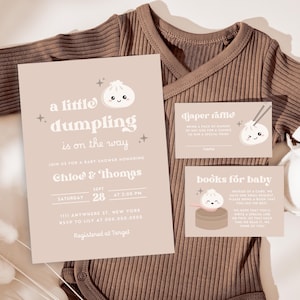 Uitnodigingsbundel kleine knoedel babyshower | Bao Dumpling Dim Sum bewerkbare foto-uitnodiging | Direct downloaden
