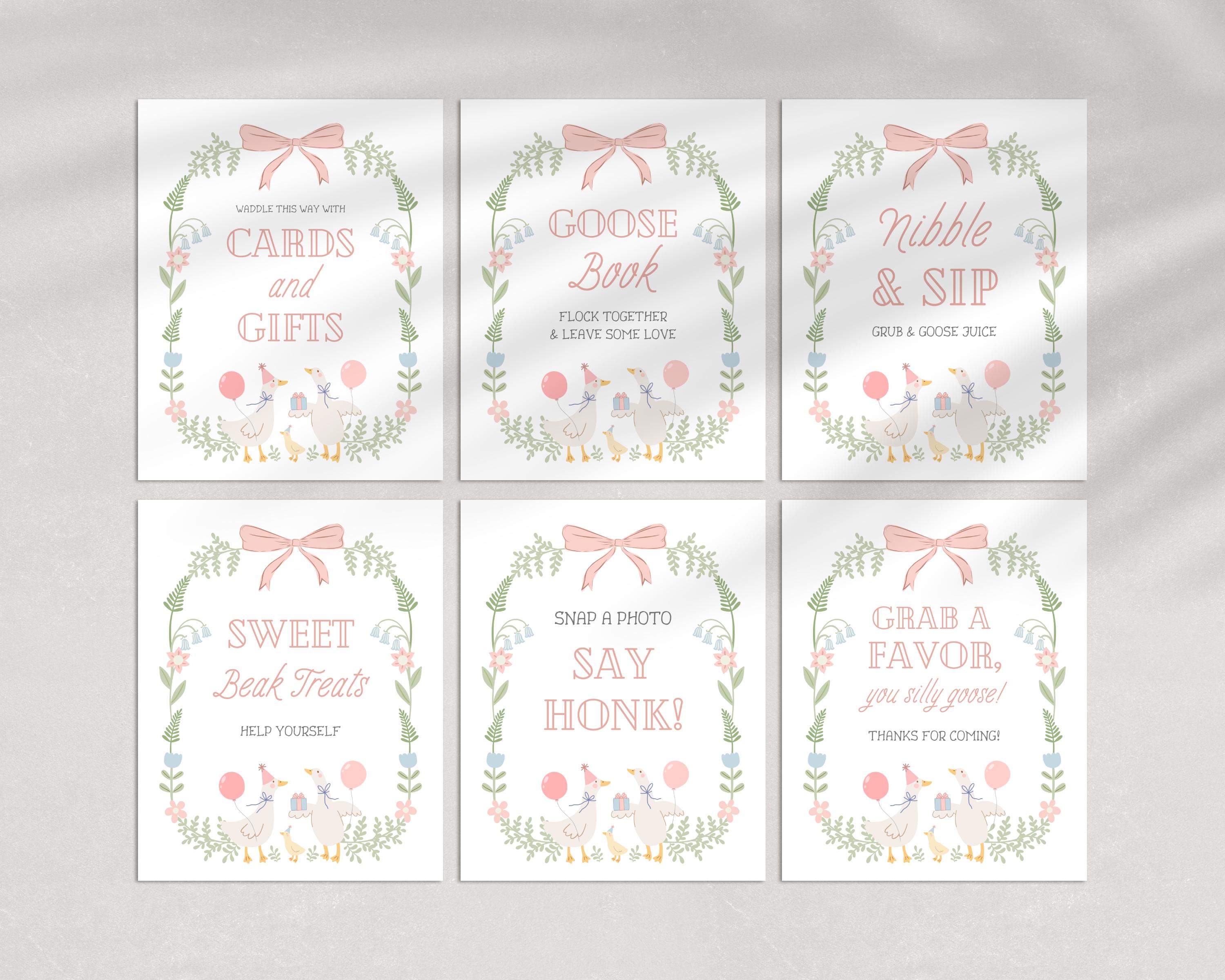 Silly Goose Birthday Sign Bundle | One Silly Goose Party Signs | Floral Pink Bow | Ready to Print | Instant Download