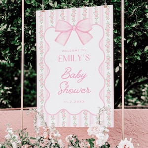Vintage Pink Bow Floral Welcome Sign | Elegant Coquette Bow & Roses | Customizable Text | Instant Download