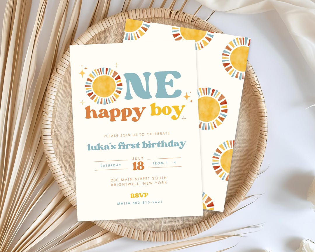 Boho Sun First Birthday Invitation One Happy Boy Retro 1st Birthday
