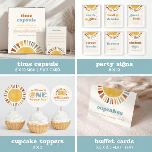 May include: A set of printable party decorations for a first birthday party with a sun and rainbow theme. The set includes a time capsule sign, party signs, cupcake toppers, and buffet cards. The colors are yellow, orange, red, blue, and white.