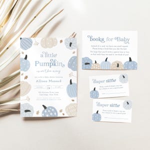 Little Pumpkin Baby Shower Invitation Bundle | Blue Boho Autumn Boy Baby Shower Invite | Instant Download