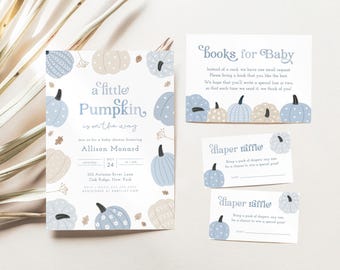 Little Pumpkin Baby Shower Invitation Bundle | Blue Boho Autumn Boy Baby Shower Invite | Instant Download