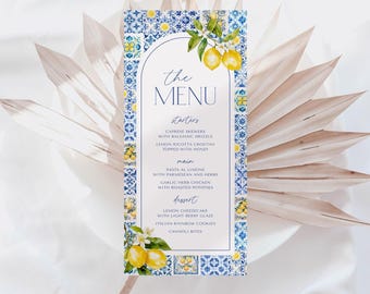 Amalfi Coast Lemon Menu | Italian Mediterranean Citrus Editable Menu Card | Blue Tiles | Italy Theme | Instant Download
