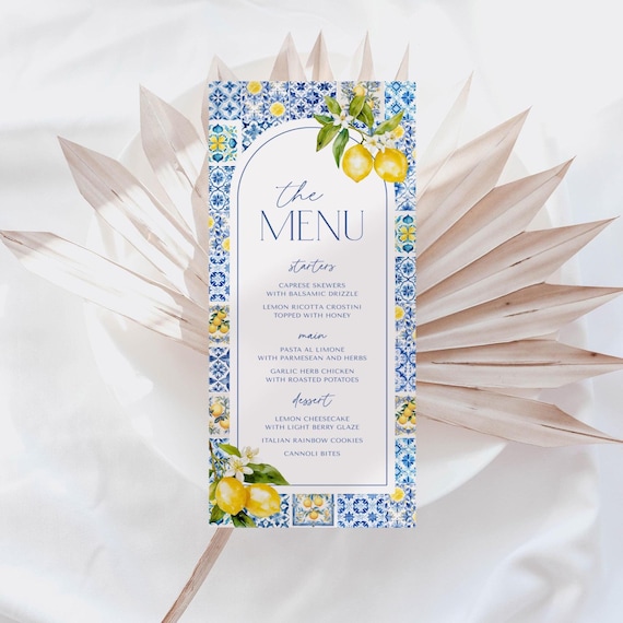 Amalfi Coast Lemon Menu | Italian Mediterranean Citrus Editable Menu Card | Blue Tiles | Italy Theme | Instant Download