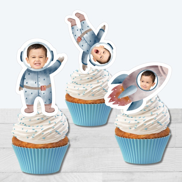 Custom Photo Astronaut Cupcake Toppers | Outer Space Birthday Cake Toppers | Digital Download