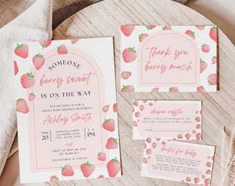 Strawberry Berry Sweet Baby Shower Invitation Bundle | Boho Pink Girl Watercolor Strawberry Invite | Instant Download