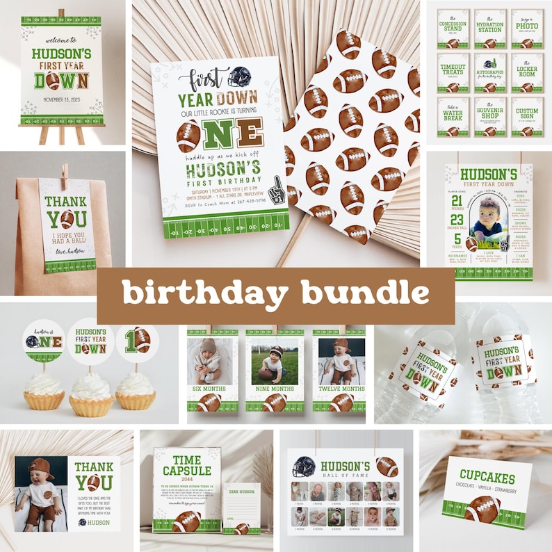 Puede incluir: Un paquete de fiesta de cumplea&ntilde;os con tem&aacute;tica de f&uacute;tbol con una variedad de art&iacute;culos imprimibles, que incluyen invitaciones, tarjetas de agradecimiento, adornos para cupcakes y una c&aacute;psula del tiempo. Los colores son verde, marr&oacute;n y blanco. El texto de la invitaci&oacute;n dice "First Year Down, Our Little Rookie is Turning One".