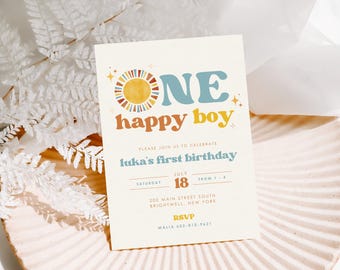 One Happy Boy | Boho Sun First Birthday Invitation | Minimalist Retro 1st Birthday Party Invite | Instant Download