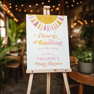 Placa de boas-vindas para chá de bebê Little Ray of Sunshine | Cartaz de boas-vindas para chá de bebê Boho Retro Sun Girl | Download instantâneo