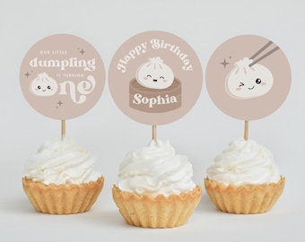 Cupcaketoppers met kleine knoedels | 1e verjaardag Bao-knoedel | Dim Sum-feestdecoratie | Direct downloaden