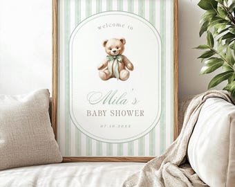 Teddy Bear Baby Shower Welcome Sign | We Can Bearly Wait | Grandmillennial Sage Green Gender Neutral Baby Shower Decor | Instant Download