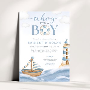 Nautical Baby Shower Invitation | Ahoy It&#39;s a Boy Invite | Blue Boy Baby Shower | Instant Download