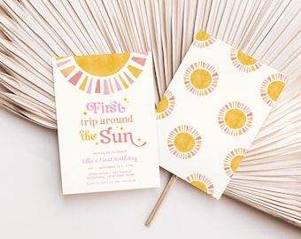 First Trip Around the Sun Birthday Invitation | Boho Retro Sunshine First Birthday Invite | Instant Download