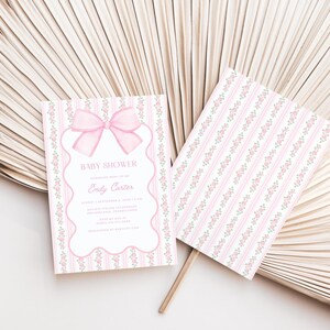Pink Bow Baby Shower Invitation Bundle, Floral Grandmillennial Baby Shower Set, Coquette Bow Invite, Editable Canva Template image 3