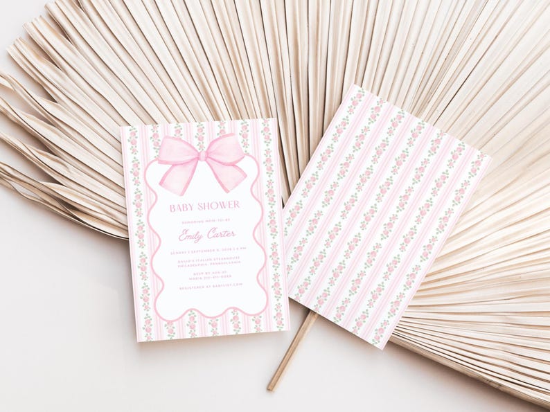 Pink Bow Baby Shower Invitation Bundle, Floral Grandmillennial Baby Shower Set, Coquette Bow Invite, Editable Canva Template image 3
