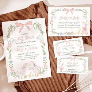 Silly Goose Baby Shower Invitation Bundle, Floral Pink Bow Baby Shower Invite, Editable Canva Template