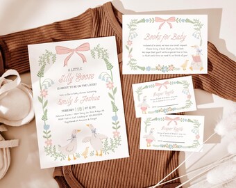Silly Goose Baby Shower Invitation Bundle, Floral Pink Bow Baby Shower Invite, Editable Canva Template