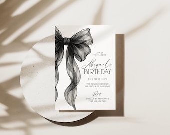 Black Bow Birthday Invitation, Elegant Minimalist Coquette Bow Invite, Any Age Birthday Evite 16th 18th 21st 30th, Editable Canva Template