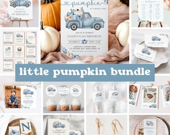 May include: A collection of baby shower and first birthday party decorations. The theme is "Little Pumpkin" and features a blue truck carrying pumpkins. Includes invitations, signs, cupcake toppers, and thank you tags.