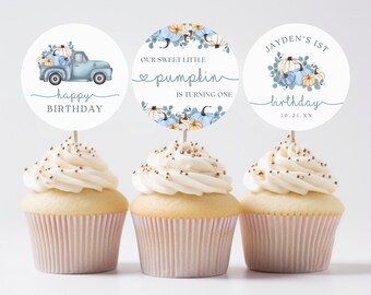 Pumpkin Birthday Cupcake Toppers | Milestone Sign | Blue Little Pumpkin | Fall Pumpkin Truck Boy First Birthday | Instant Download