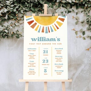 May include: A colorful illustrated poster with a sun graphic and the text "william's First Trip Around The Sun". The poster lists information about a baby, including their nickname, weight, height, and favorite things.