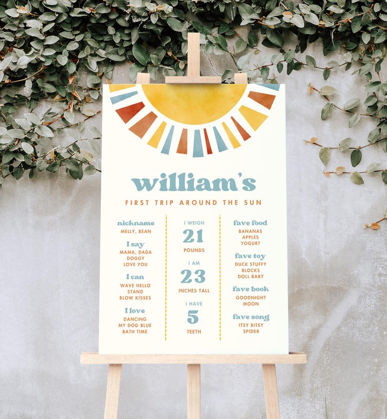 May include: A colorful illustrated poster with a sun graphic and the text "william's First Trip Around The Sun". The poster lists information about a baby, including their nickname, weight, height, and favorite things.