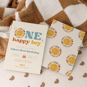 May include: A colorful invitation for a first birthday party with the text "ONE happy boy" and a sun graphic. The invitation includes the name Luka, the date July 18, and the time from 1. The address is 200 Main Street South, Brightwell, New York. The RSVP number is 402-810-9431.