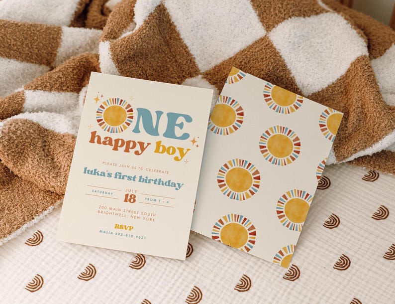 May include: A colorful invitation for a first birthday party with the text "ONE happy boy" and a sun graphic. The invitation includes the name Luka, the date July 18, and the time from 1. The address is 200 Main Street South, Brightwell, New York. The RSVP number is 402-810-9431.
