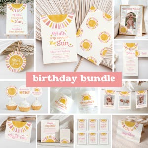 May include: A collection of birthday party supplies with a sun theme. Includes invitations, cupcake toppers, water bottle labels, a framed photo, and other decorations. The text "First trip around the Sun" and "Amelia's First Birthday" are visible.