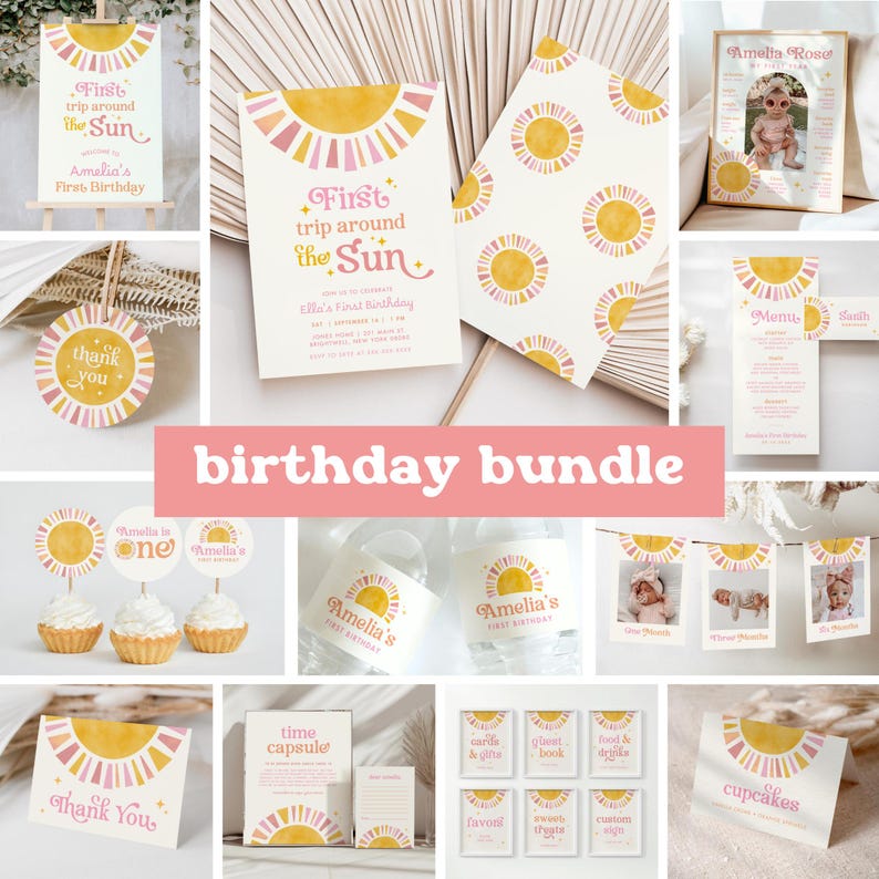 May include: A collection of birthday party supplies with a sun theme. Includes invitations, cupcake toppers, water bottle labels, a framed photo, and other decorations. The text "First trip around the Sun" and "Amelia's First Birthday" are visible.