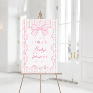 Pink Bow Baby Shower Invitation Bundle, Floral Grandmillennial Baby Shower Set, Coquette Bow Invite, Editable Canva Template image 9