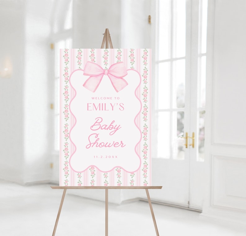 Pink Bow Baby Shower Invitation Bundle, Floral Grandmillennial Baby Shower Set, Coquette Bow Invite, Editable Canva Template image 9