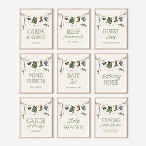 May include: Nine printable signs with a fishing theme. The signs have a white background with green text and illustrations of fishing gear, including fishing rods, boots, life jackets, and buckets. The signs include the text: "Cards & Gifts", "Reef Freshments", "Guest Book", "Pond Punch", "Bait Bar", "Watering Hole", "Catch of the Day", "Lake Water", and "Favors, Please Take One".