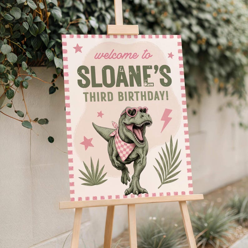 Three Rex Girl Birthday Invitation, Pink Dinosaur 3rd Birthday Invite, Editable Canva Template 841 image 12