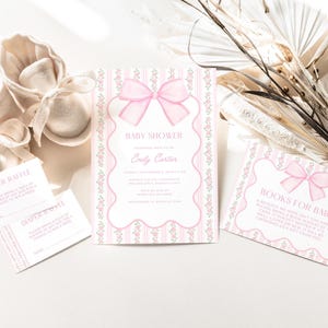 Pink Bow Baby Shower Invitation Bundle, Floral Grandmillennial Baby Shower Set, Coquette Bow Invite, Editable Canva Template image 4